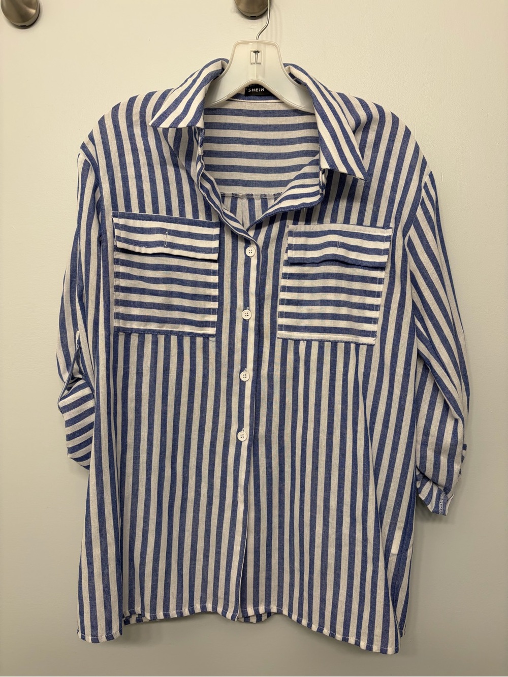 SHEIN Striped Button-Up Shirt - Blue and White